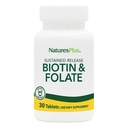 Natury Plus Biotin & Kwas foliowy (Metylofolian), Trwałe uwalnianie - 30 Tabletki wegetariańskie - Witamina B7 i Witamina B9, Wspiera wzrost włosów, Energy Booster, Witamina prenatalna - Bez glutenu - 30 Służenie