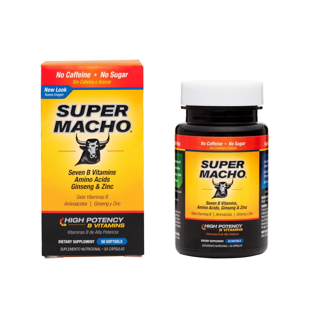 Super Macho suplement diety z wysokiej mocy cynku & 7 witamin B, bez środków konserwujących, Cukier lub kofeiny, Made in USA, 50 Softgels (1 Pack)