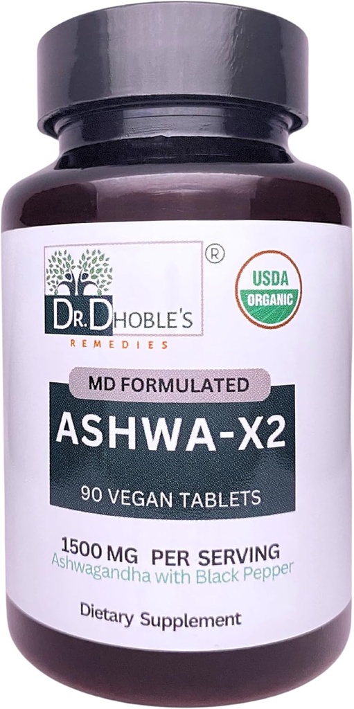 Ashwa X2, Md Formated Vegan Tablets with Natural Ingredients & Black Pepper Which Increase Biodostępność, 1500mg, No Extract, USDA Organic
