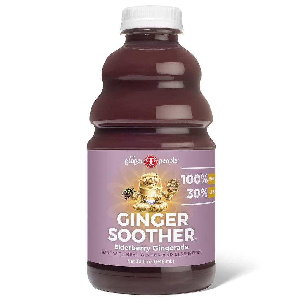 Ginger Soother Elderberry Gingerade – Immune Support, 30% Less Sweet, More Ginger, Real Simple Ingredients, Enjoy Hot or Cold - 32 Fl Oz Bottle (Pack of 1)