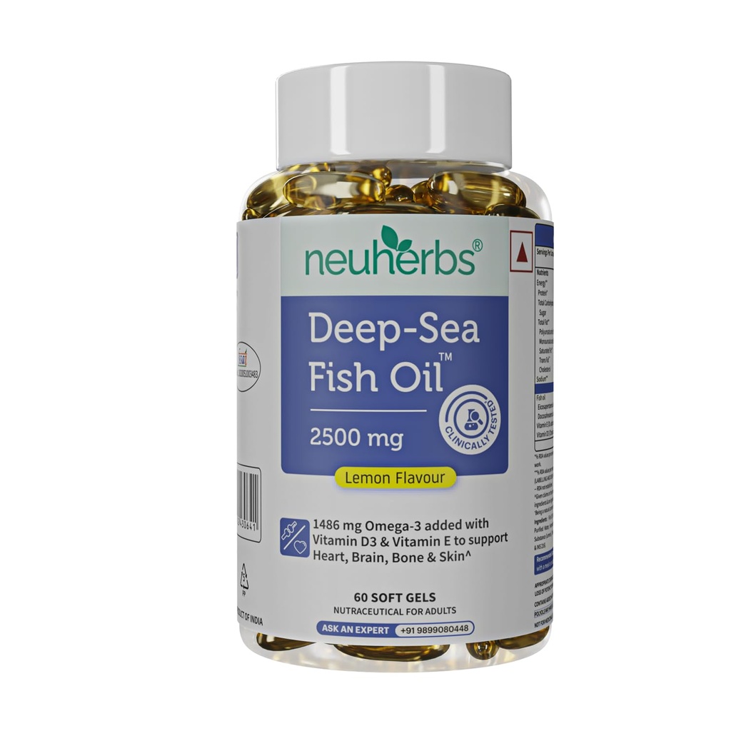Neuzires Deep Sea Fish Oil (60 Softgels) Omega 3 Supplement Triple Strength 2500 Mg for Muscle, Joints, Heart & Cognitive Support British 124; No Fishy Burps with Lemon Flavour for Men & Women British 124; (Pack of 1)