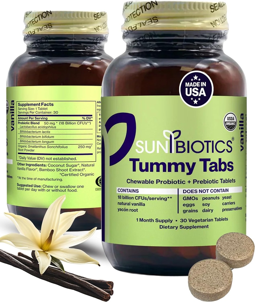 SUNBIOTICS Tummy Tabs - Probiotyczne tabletki do żucia i prebiotyczne tabletki z 18 Milionami CFU z 4 Probiotycznymi cieśninami dla dobrego Gut Flora, System immunologiczny, & Balanced Microbiome - Vanilla, (Opakowanie 1)