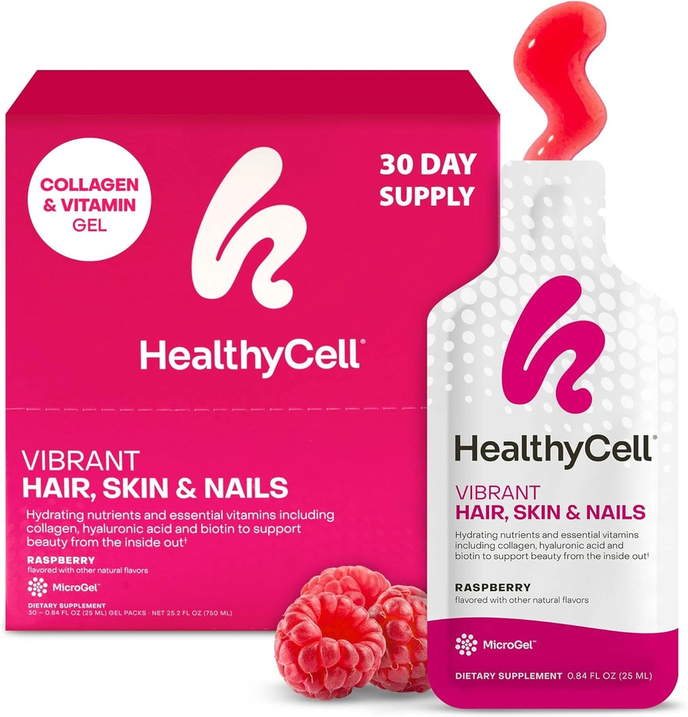 Healthycell Vibrant Hair Skin & Nails Daily Liquid Supplement - Suplementy kosmetyczne z składników odżywczych i witamin esencjalnych - Kolagen, Biotin & Kwas hialuronowy - 30 Pakiety żelowe