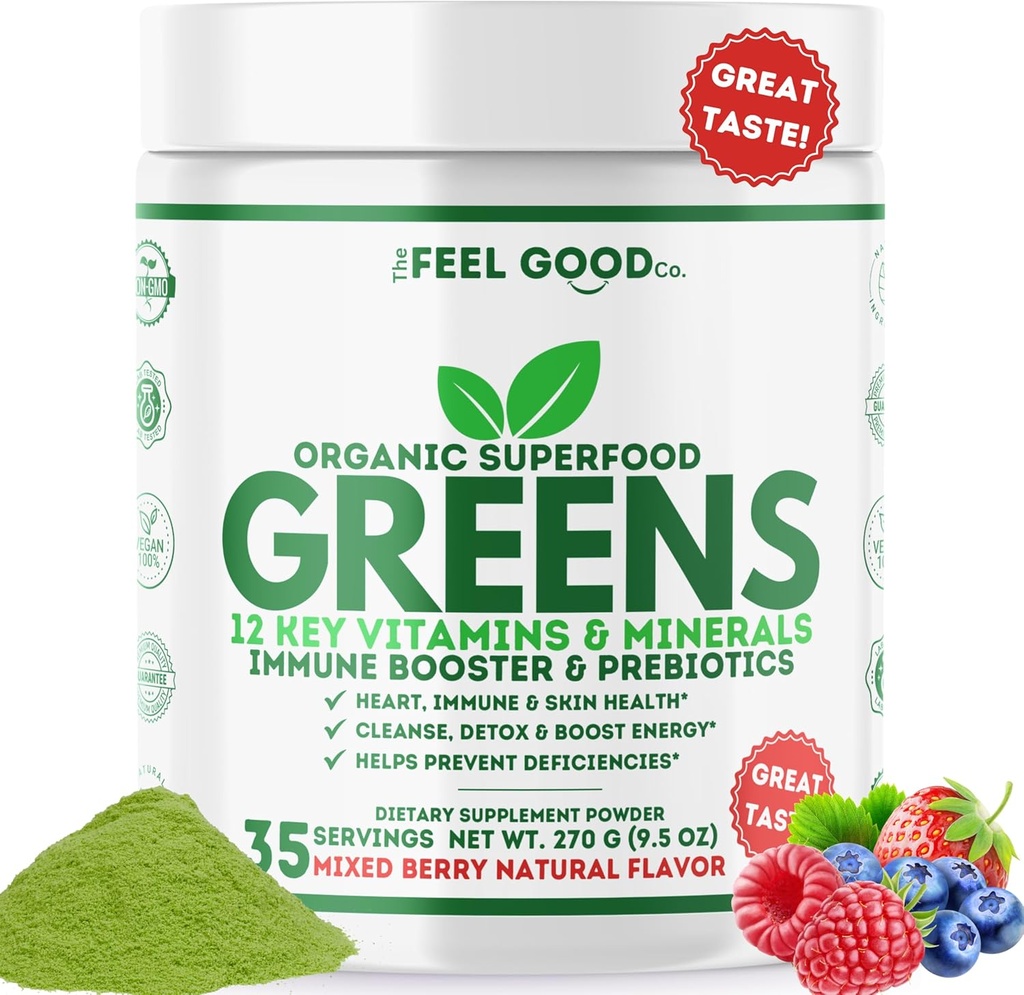 Poczuj się dobrze Super Zielony Proszek - Organiczny zielony sok, Trawa pszenna bez dodawanego cukru, Spirulina, Chlorella, Probiotyki, Enzym spożywczy, Antyoksydant bogaty, Immunitet Boost Green Food, 35 SVG, Codziennie