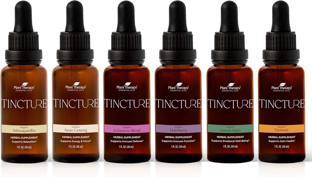 Plant Therapy Organic Tinctures Beginner Set 30 ml Każdy z Organic Ashwagandha, Azjatycki Ginseng, Echinacea Mieszanka, Elderberry, Lemon Balm & Turmeric