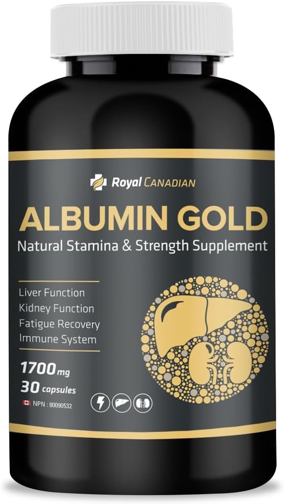 Royal Canadian Albumina Gold 1700mg Xi124; Wątroba Funkcje Xi124; Nerki funkcji Xi124; Zmęczenie Odzysk 124; System immunologiczny (30 x 1700mg kapsułki)