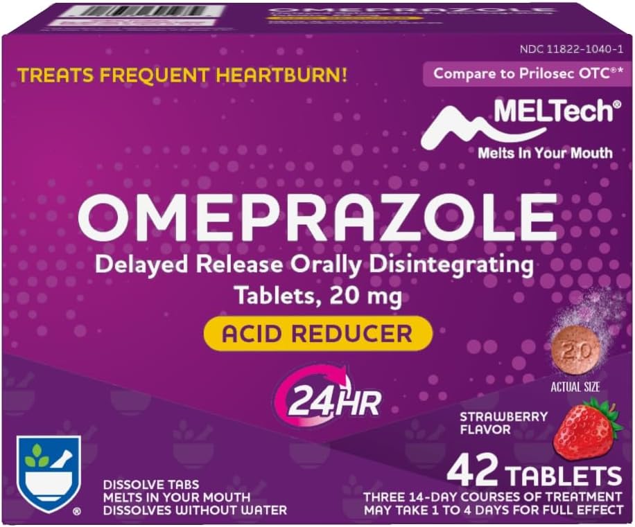 Rite Aid Omeprazole Opóźnione uwalnianie oralne Rozpuszczanie tabletek, Strawberry Flavor, 20 mg - 42 Count, Acid Reducer i Heartburn Relief