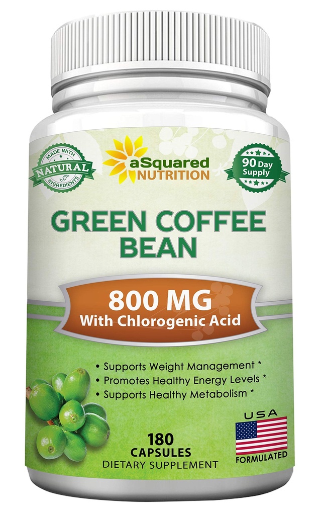 aSquared Nutrition Natural Green Coffee Bean Forteca - 180 Capsules- Max Siła GCA Przeciwutleniacz Czyszczenie dla czystej utraty masy ciała, 800mg na fil- Chlorogenny Acid- 1600mg Codzienne Suplement, Zdrowy tłuszcz Burner