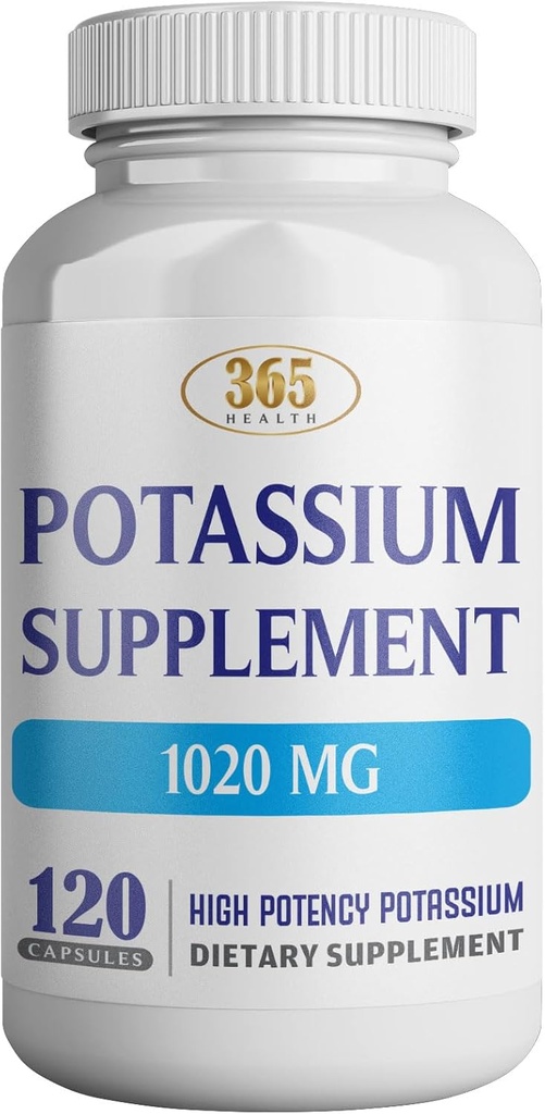 365 Health Potasu Supplement 1020 mg Siarczan 124; Potasu Biwęglan 124; Non-GMO Siarczan 124; Gluten Free Siarczan 124; Made in USA Siarczan 124; 120 Kapsułki wegetariańskie
