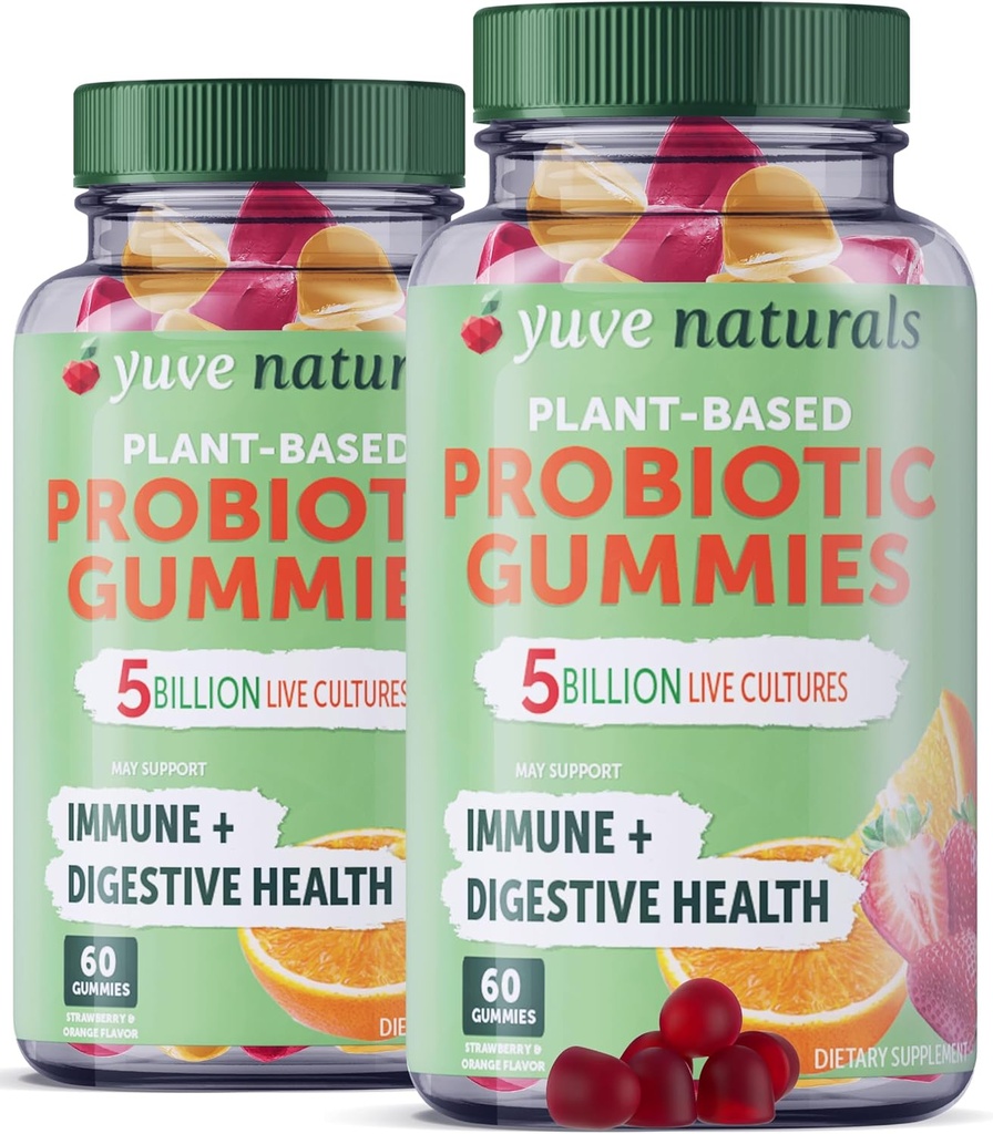 Yuve Wegan Probiotyczne Gumie, Probiotyki dla Kobiet i Mężczyzn, Cukier i Gluten- wolne Gummy Probiotyki, Digestive & Wsparcie immunologiczne, 5 Miliard CFU, Pomaga z zaparcia, Bloating & Leaky Gut - 60ct (2 Pack)
