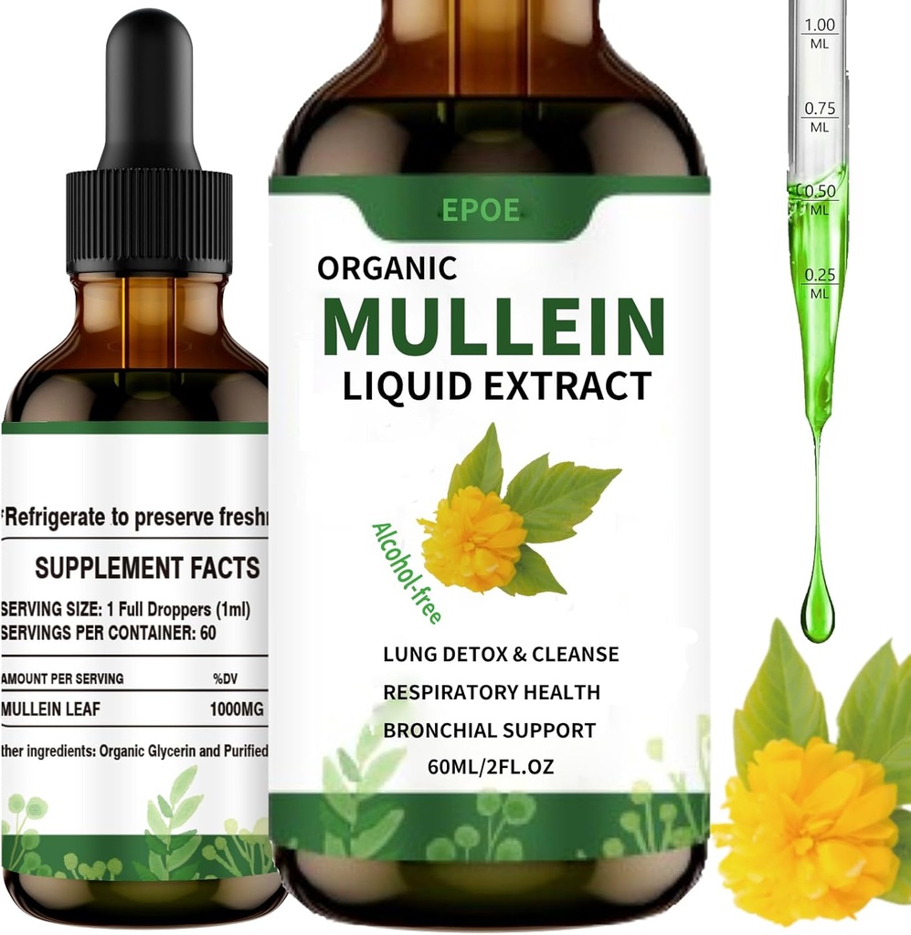 Liquid Drops with Mullein Leaf, Mullein Drops for Lungs Organic Respiratory Booster Alcohol Free, Lung Cleanse for Immune and Respiratory Health Support, White