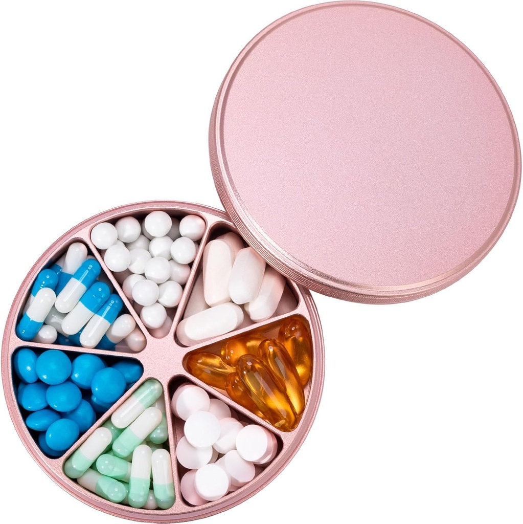 Metal Pill Organizer 7 Komory Pill Dispenser - Ciężki Pill Pudełko Pill wodoodporny pojemnik duży Codzienne Pill Case Medicine Holder for Medication Vitamin Fish Oils Supplements, 0.39lb (Pink)