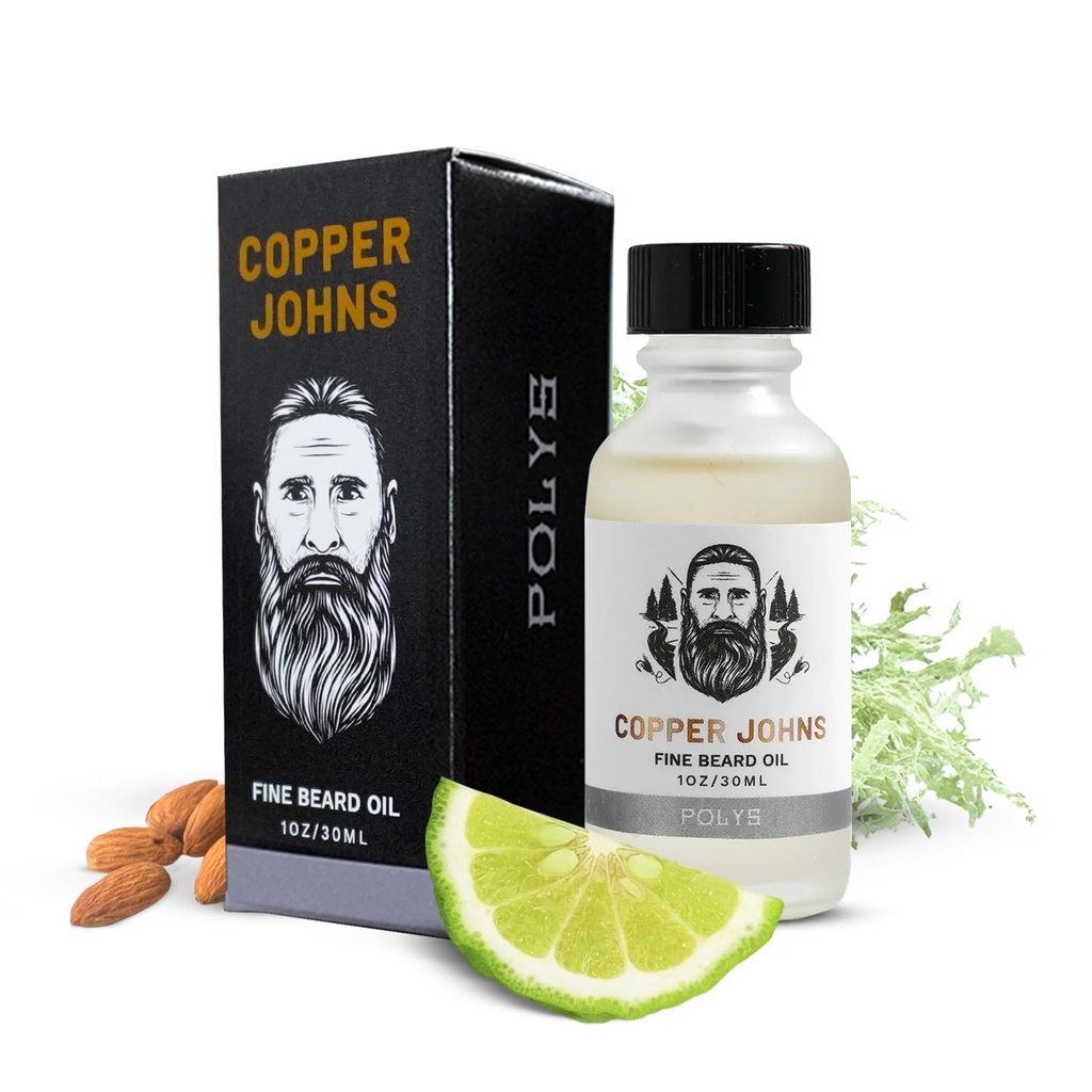 Miedź Johns Premium Beard Oil for Men - Natural Formula with Jojoba & Castor Oil - Lightweight Non-Greasy Beard Moisturizer - Softens, Hydrates & Tames Frizz - Polis- Bergamot & Cherry Almond 1 oz