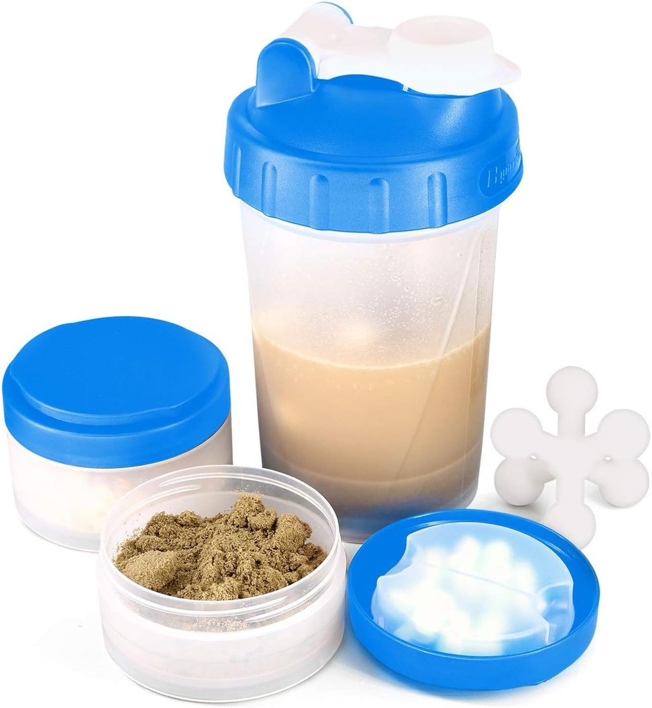 16oz Butelka shaker protein z Shaker Ball i 2 Słoiki Storage Reg 124; BPA- Free Plastic Cup z jasną skalą pomiaru 124; Idealny do mieszania białek i tabletek Reg 124; Przenośny pre- Workout Drink Cup Reg Blue
