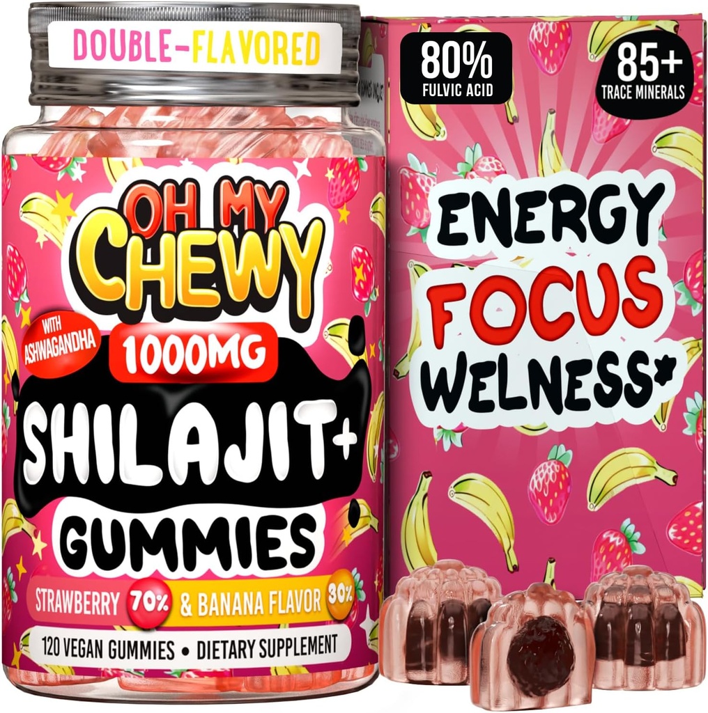 Pure Himalayan Shilajit Gummies - Wysoka potencja Gold Grade Resin - Energy Boost i wsparcie immunologiczne dla mężczyzn i kobiet z Ashwagandha i Shatavari - 120 Gummy - Truskawka & Banana