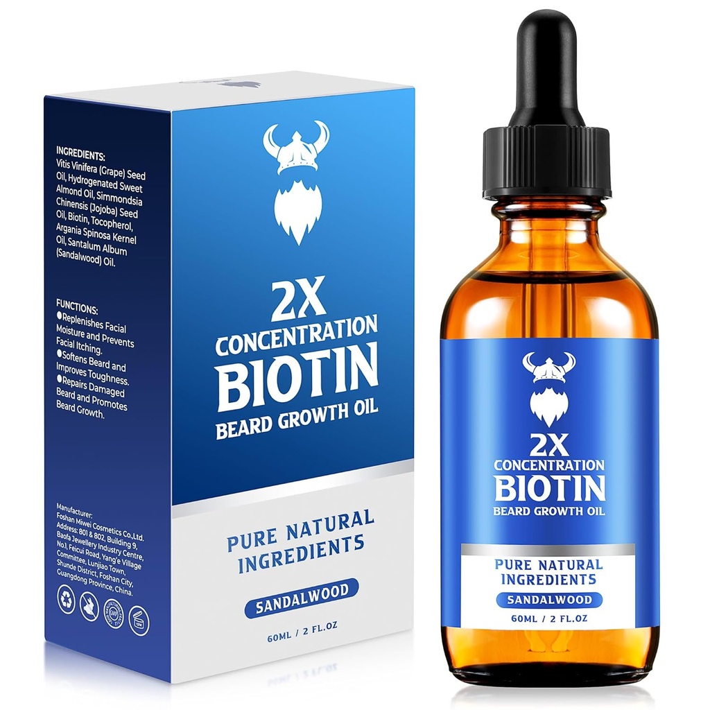 Olejek z broda wzrostu - 2X Koncentracja Biotin Beard Oil for Men (2 oz) - Natural Mens Beard Oil with Argan Oil, Jojoba Oil and Witamina, Beard Growth Softener, Moisturizer (Sandalwood)