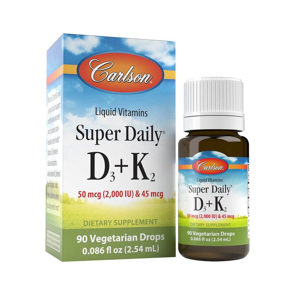Carlson - Super Daily D3 + K2, 50 µg D3 + 45 µg MK- 7, Heart & Bone Health, 90 Kropli płynnych, 2,54 ml