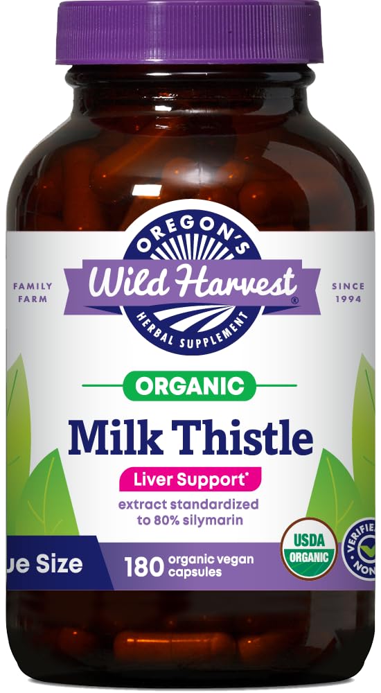 Oregon 's Wild Harvest Milk Thistle Organic Non-GMO Herbal Supplement - pullulan (Roślina pozyskiwana) Vegan kapsułki, 180 Count