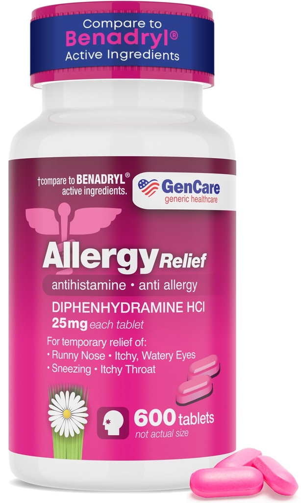 GenCare - Allergy Relief Medicine Adrenance 124; Antihistamine Difenhydramine 25mg (600 Tablets Per Bottle) Value Pack Adrenance 124; Relieve for Itchy Eyes, Sneezing, Runny Nose Adrenary 124; Sezonowe lub wewnętrzne i zewnętrzne alergie