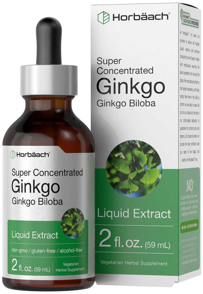 Horbäach Ginkgo Biloba Extract Liquid 2 fl oz Nether124; Alcohol- Free Herb Supplement Equipment 124; Vegetarian, Non-GMO, Gluten Free