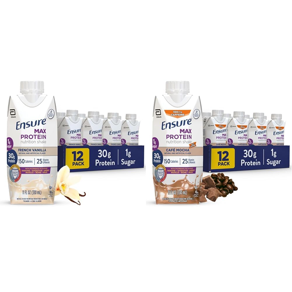Upewnij się, że Max Protein Nutrition Shake z 30 g białka, 1 g cukru, wysoki shake protein, francuski Vanilla & Cafe Mocha, Liquid, 11 fl oz (Opakowanie po 12)