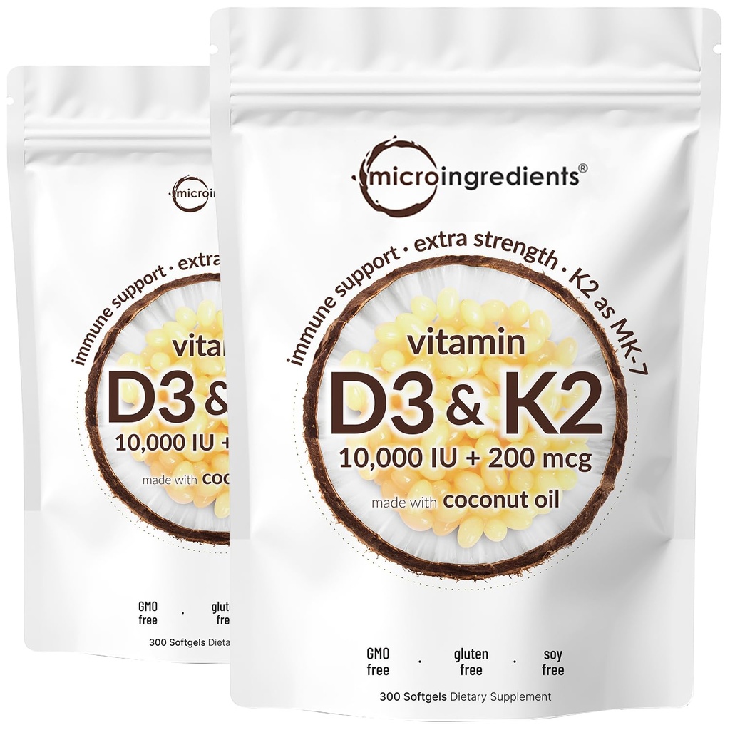 2 Pack Witamina D3 10000 iu Plus K2 (MK- 7) 200 mcg, 300 Virgin Coconut Oil Softgels 124; 2 in 1 Vitamin D & K Complex