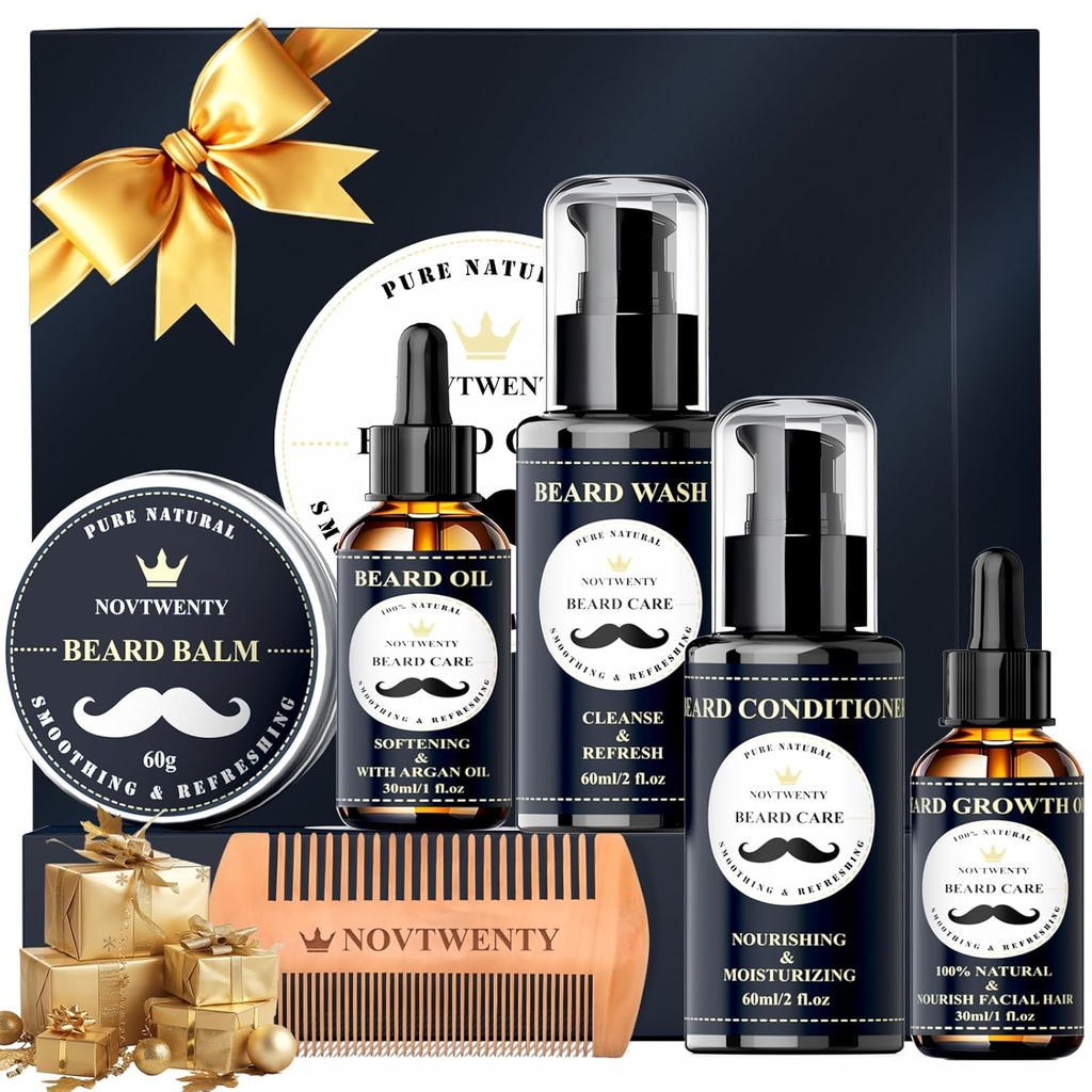 Zestaw wzrostu brodą - 7 Pc Kit, zawiera mycie, olej, odżywka, balsam, grzebień, zestaw do prezentów dla mężczyzn