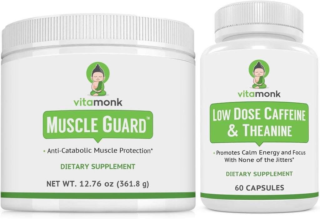 VitaMonk Muscle Guard & Niskie dawki Kofeina Kofeina, HMB, EAA, Witamina D, Magnez do wzrostu mięśni i kofeiny z L- Theanine, Gładka energia Boost, Suplementy dla mężczyzn i kobiet, Mięśnie i Wsparcie Focus