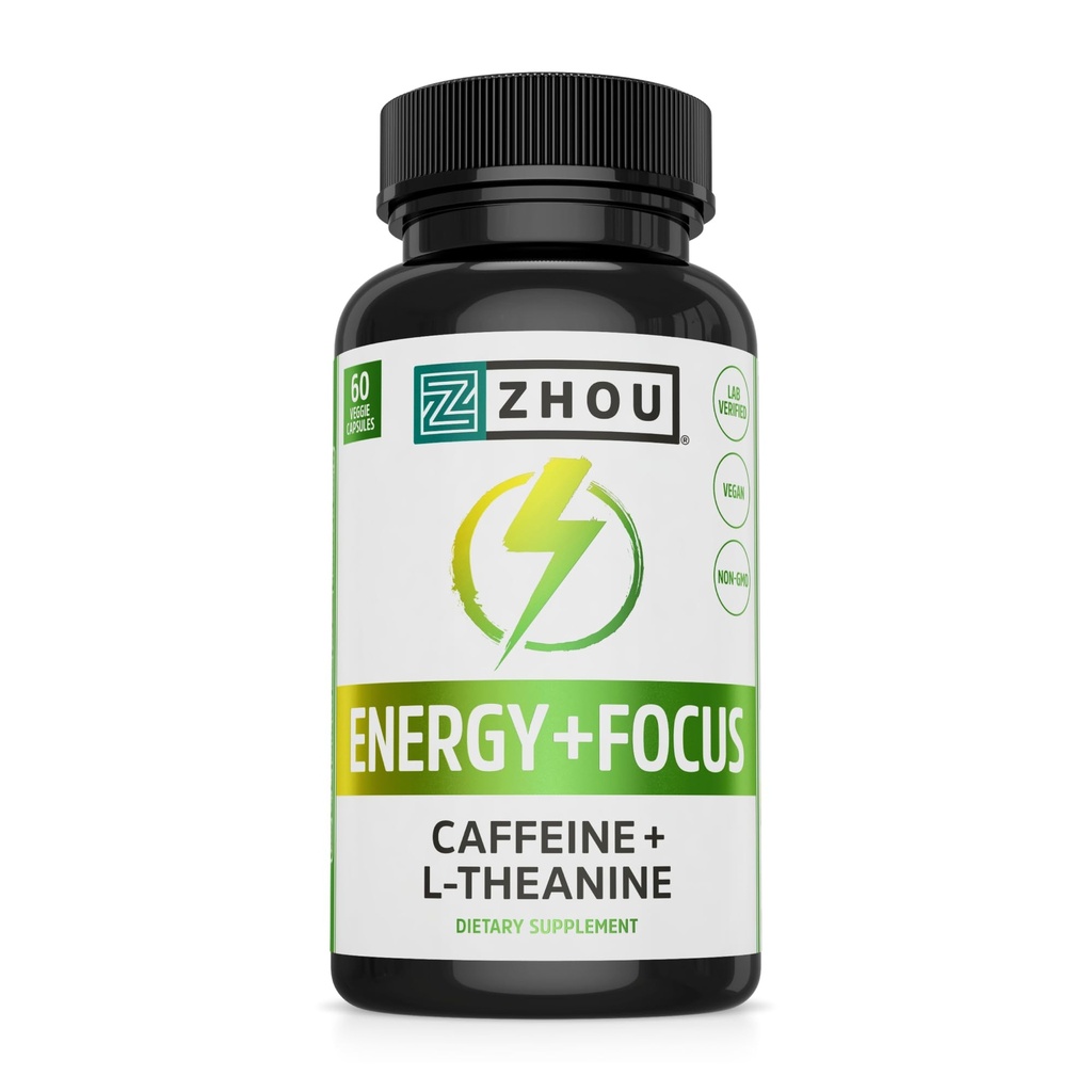 Zhou Energy + Focus - L Theanine Caepine Pills, 200mg L- Theanine, 100mg Natural Anhyfular Caepine Boost dla dorosłych, Mężczyźni i Kobiety, Wolne uwalnianie - 60 Kapsułki wegetariańskie (Opakowanie 1)