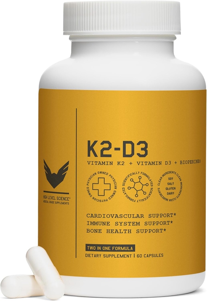 Wysoki poziom K2D3, witamina K2 & D3 Suplement z BioPerine Black Pepper, podwójny zespół działania na serce, kość, immunologiczne wsparcie, 5000 IU D3, 100 μg K2, wegetarianin, 60 Kapsułki wegetariańskie