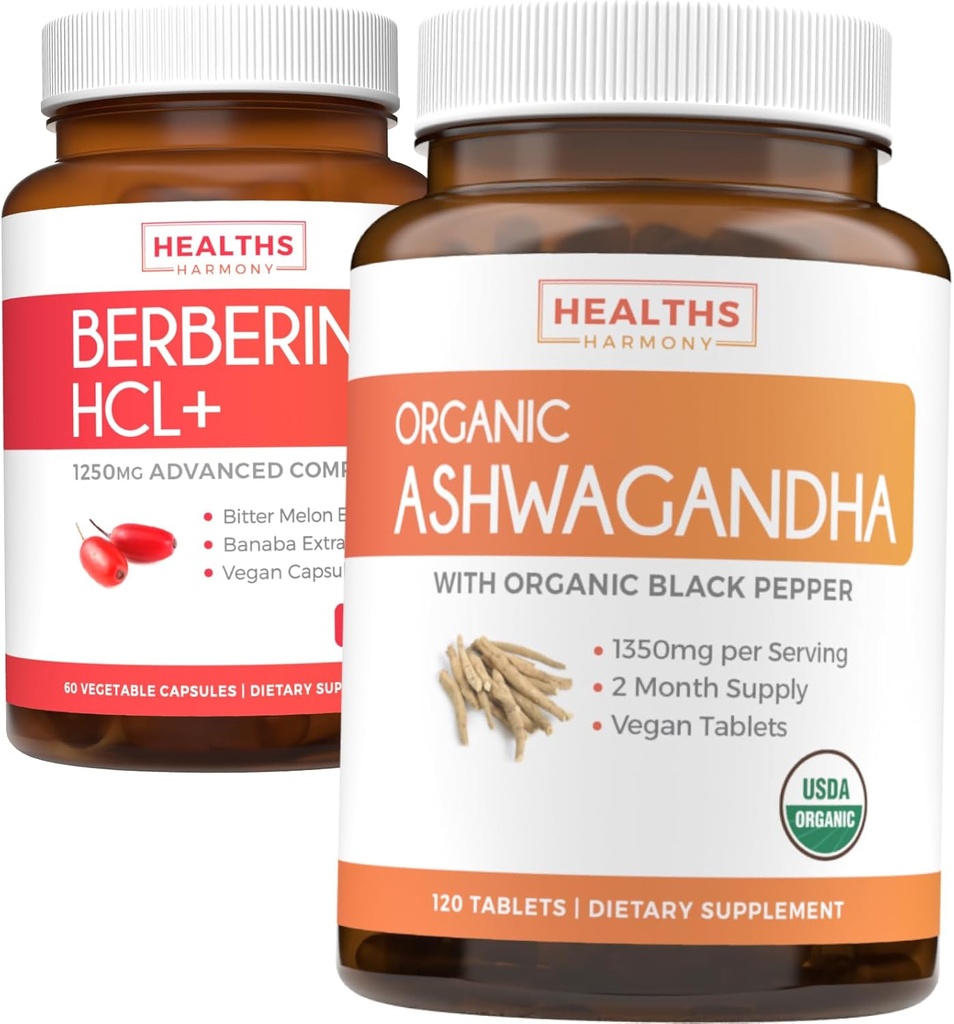 Zapisz $4 (11% Off) - Kup Organic Ashwagandha & Berberine HCL + - Natural 's Synergy Duo - Berberine (60 Kapsułki) - Organic Ashwagandha Root Powder 1350mg Serve (120 tabletek) Naturalna pomoc nadnerczy