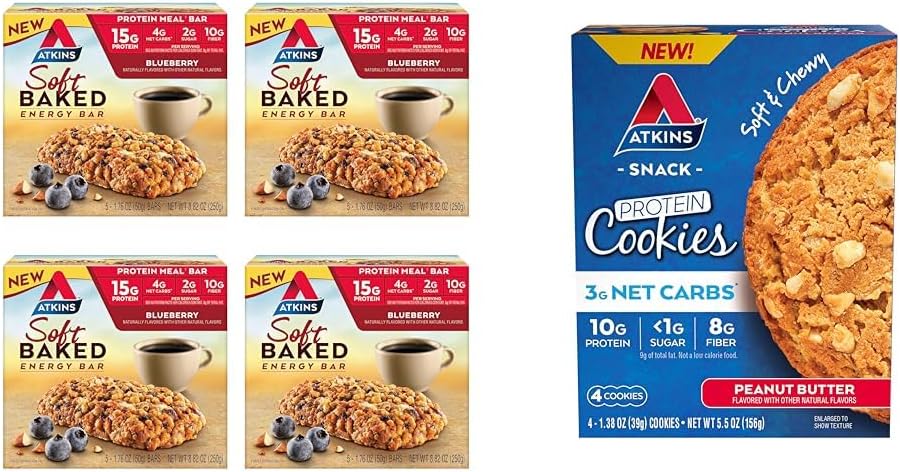 Atkins Soft Pieczone batoniki energetyczne, Blueberry, 15 g Białko, 2g Cukier, Doskonałe Źródło i Peanut Butter Protein Cookie, Protein Dessert, Bogate w włókno, 3g Węgiel netto, 1g Cukier