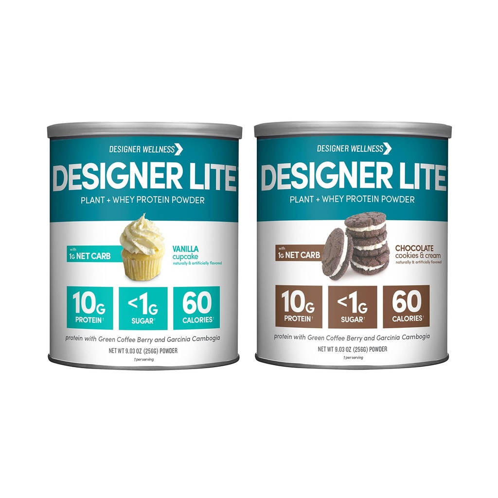 Designer Wellness, Designer Lite, Low Calorie Natural Protein, Fiber prebiotyczny, Kluczowe witaminy i minerały, Vanilla Cupcake i Cookies czekoladowe i krem Bundle