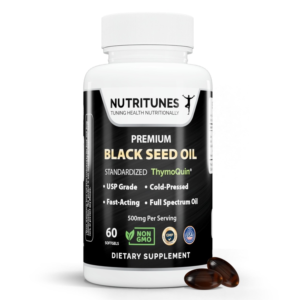 Black Seed Oil 3% Thymoquinone Standaryzowane - Studiowane klinicznie, klasy USP, Cold- Pressed Nigella Sativa ThymoQuin, Non-GMO - 60 Softgels