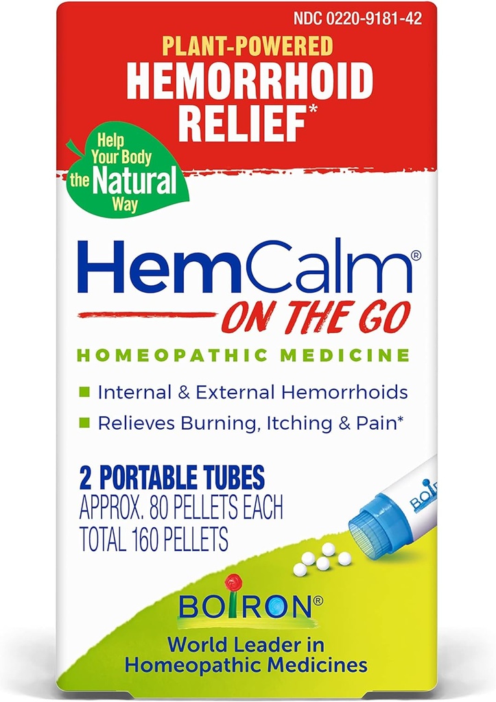 Boiron HemCalm On The Go Travel Esential for Hemorrhoid Relief of Pain, Swędzenie, Opuchlizna lub dyskomfort - 2 Count (160 Pellets)
