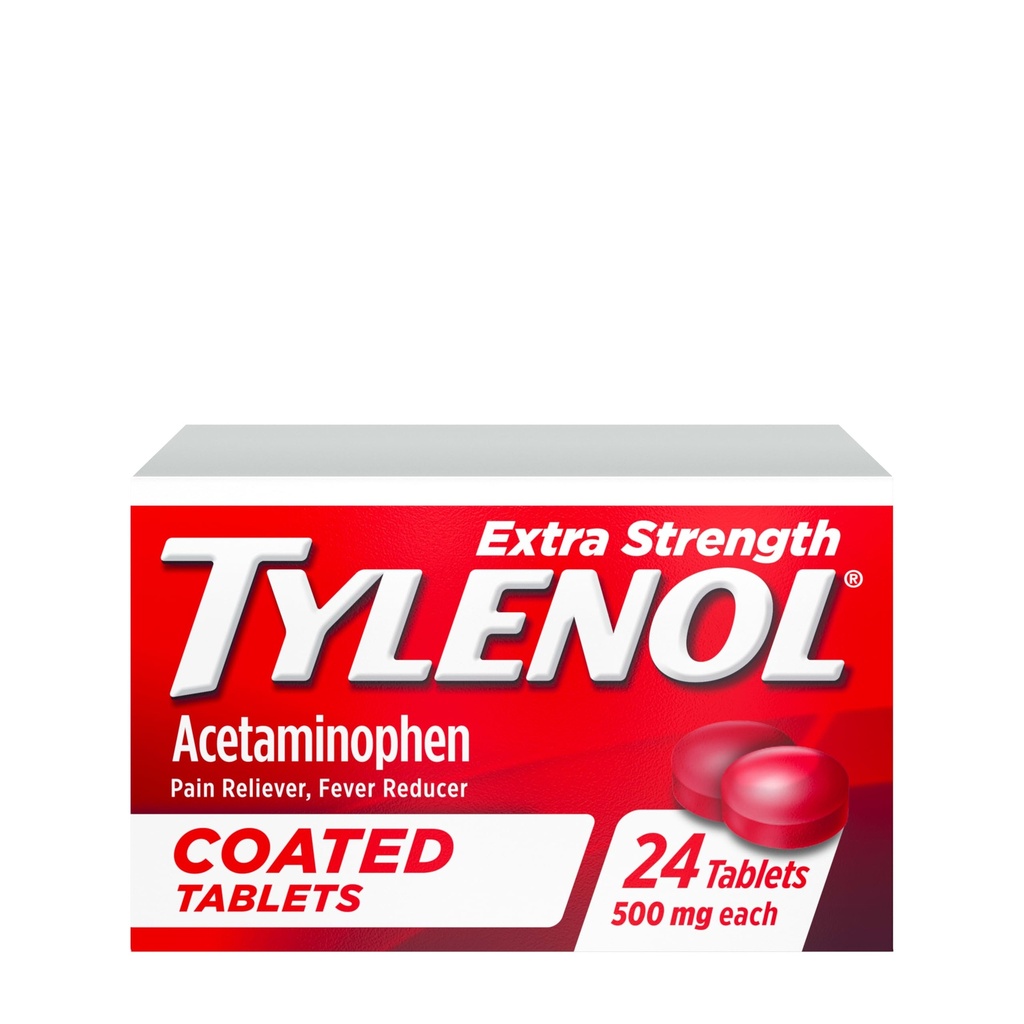 Tylenol Dodatkowa siła Ból Reliever & Fever Reduktor, Okrągłe tabletki powlekane, 500 mg Acetaminofen Pain Relief Pills for Headhead, Toothache & Minor Artretitis Pain, 24