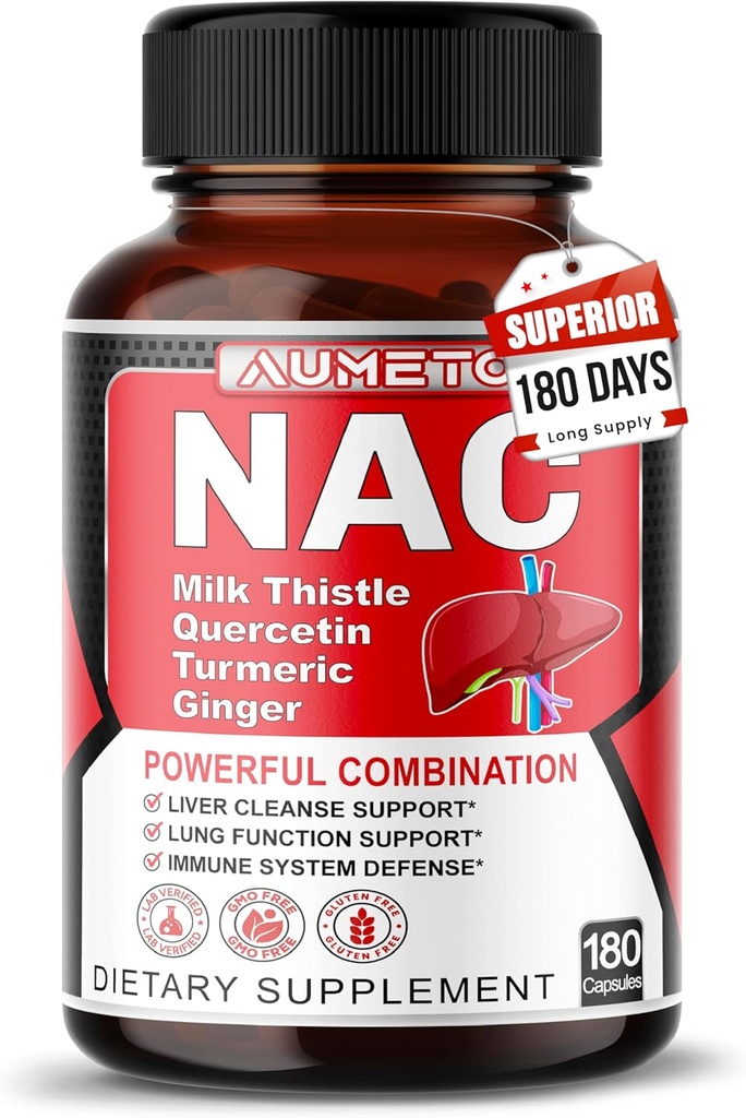 Suplement Nac N- Acetyl- L- Cysteina - Ulepszony cieśniną mleczną + Quercetin dla optymalnej odporności, układu oddechowego, wellness wątroby (180 liczenie (opakowanie po 1))