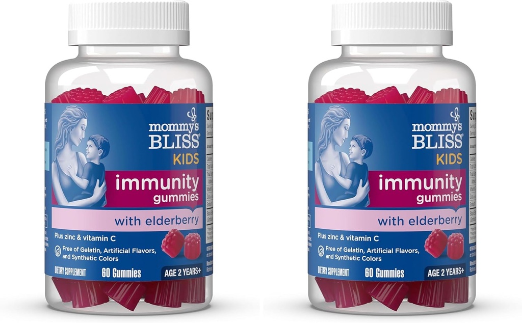 Mamusi Błogość Dzieci Elderberry Gummies, Wspiera odporność z Black Elderberry, Cynk & Witamina C, Gluten Free & Wegan, Wiek 2 Lat + (60 Hrabia) (Pack of 2)