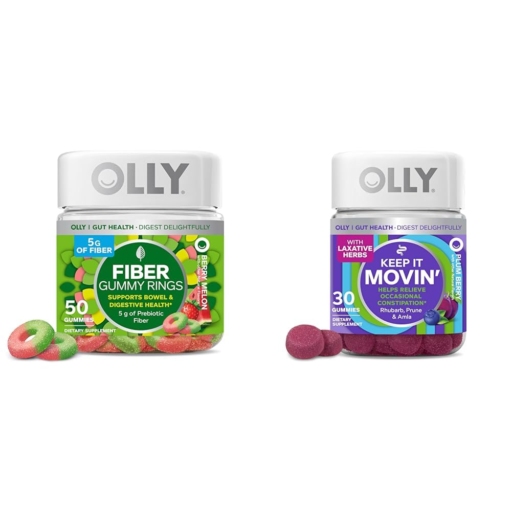 OLLY Fiber Gummy Rings, 5g Prebiotic Fiber, FOS (Fructo- oligosaccharides), Digestive Support, Berry Melon 50ct & Keep it Moving Convestions Relief, Rhubarb, Prunes, Amla - Plum Berry Flavor - 30ct