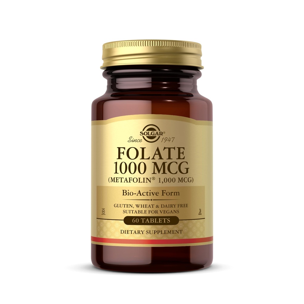 Solgar Folate 1000 µg, 60 Tablets - 1000 µg Bio- Aktywny Metafolin - Wegan, Gluten Free, Wolny od mleka, Kosher - 60 Służb