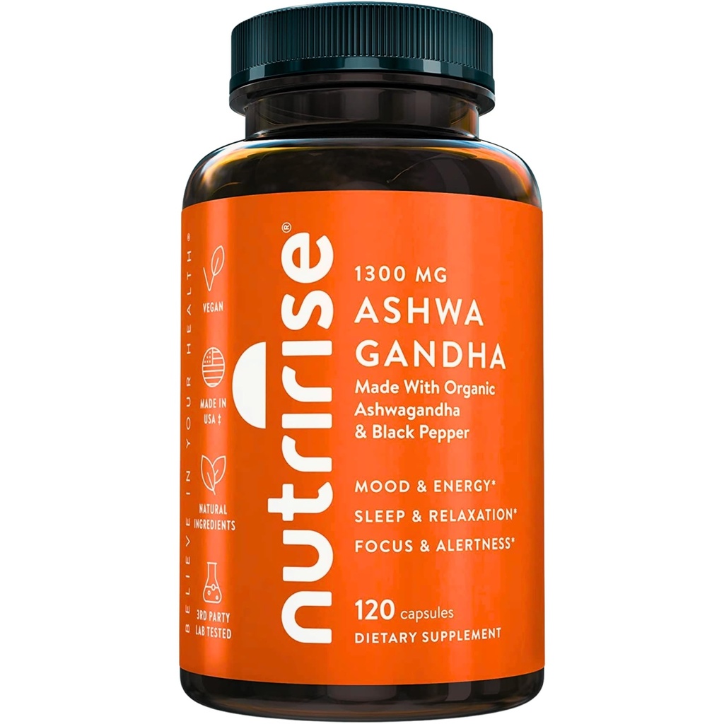 NutriRise Organic Ashwagandha Kapsułki korzeniowe z Black Pepper, 1300mg, Natural Stress & Mood, Tyroid, i suplement immunologiczny, Klarowność, Focus & Energy, Gluten Free, 120 Count