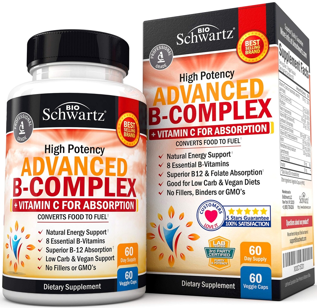 Witamina B Kompleks z witaminą C dla maksymalnej absorpcji - Metylokobalamina b12 & Folate Folic Acid Supplement - B1 B2 B3 B5 B6 B7 B9 dla immunologicznej energii i wsparcia układu nerwowego - Non-GMO, 60 liczba