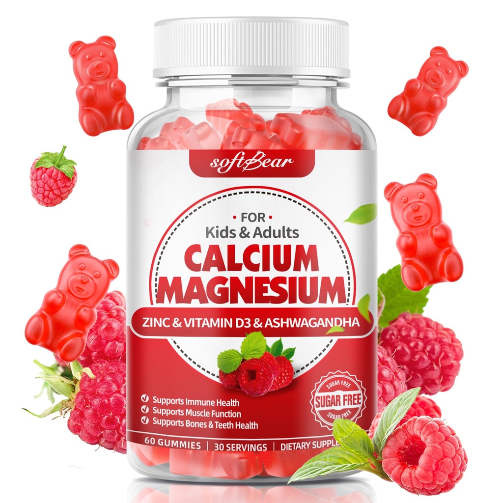 softbear Wapnia Magnezu Cynk Gumiaki dla kobiet, Wapnia Magnezu Suplement z witaminą D3 dla kości, Wegan / Cukier-wolne, Malina Flavor 60 Hrabia