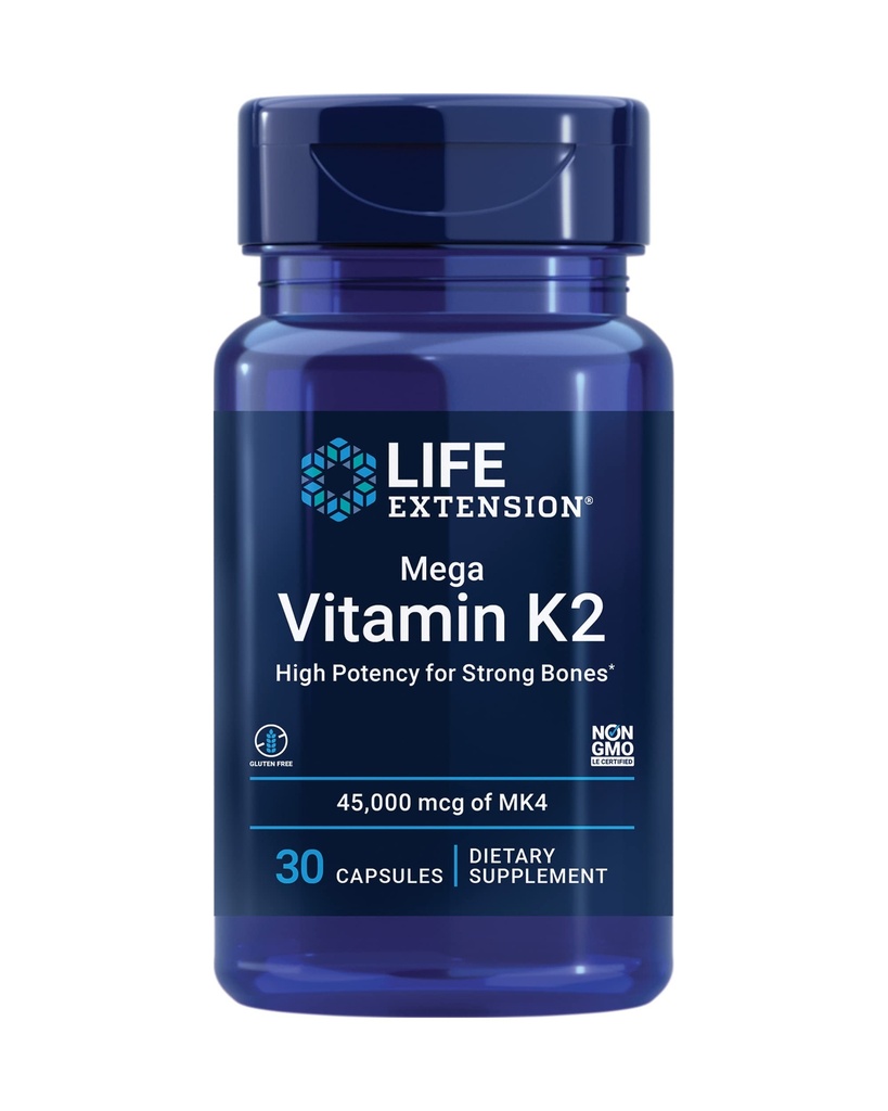 Przedłużenie życia Mega Witamina K2 Wysoka moc dla silnych kości, klinicznie zbadane 45 mg K2 Dawkowanie, Promotes zdrowej gęstości kości, Gluten- Free, Non-GMO, 30 Kapsułki
