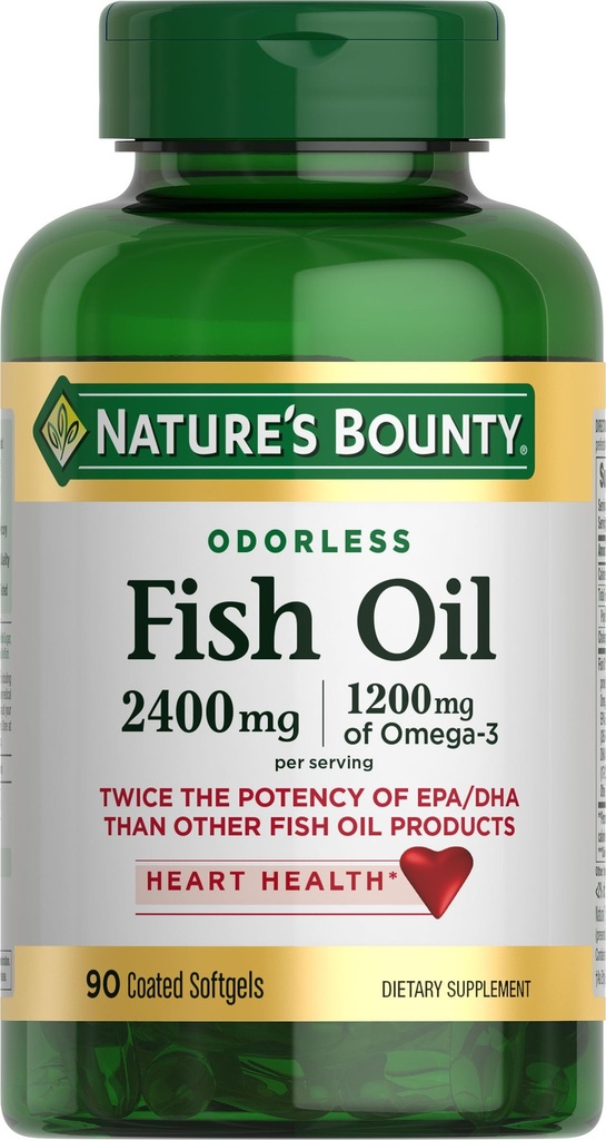 Nature 's Bounty Odorless Fish Oil, 1200mg Omega-3 per serving including EPA & DHA, Wspiera zdrowie serca, Oczyszczony w celu wyeliminowania rtęci, Powleczone softgels, Gluten Free, No Shellfish, 90 Ct