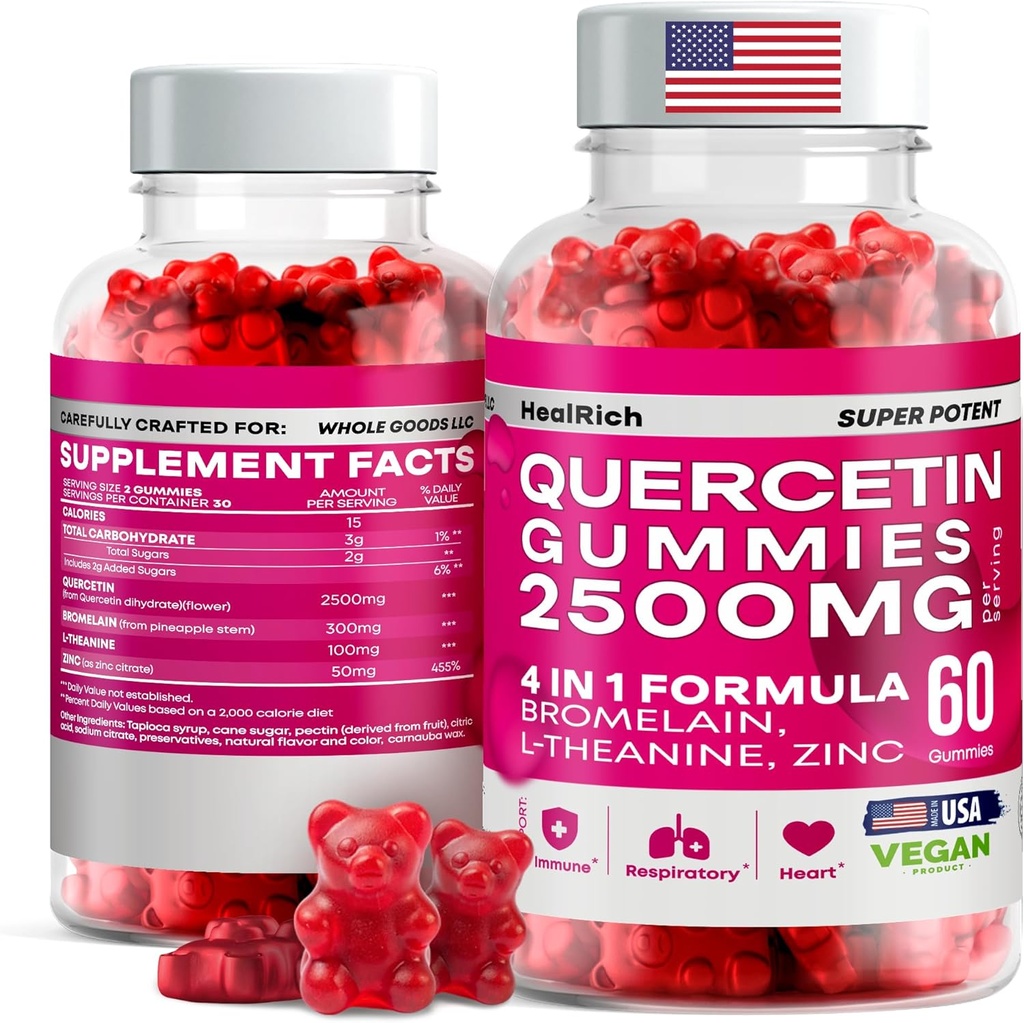 Quercetin Gummies - 2500MG z Bromelainem, L- Theanine - Immune Support Gummies Allergy Relief & Lung Health dla dzieci i dorosłych