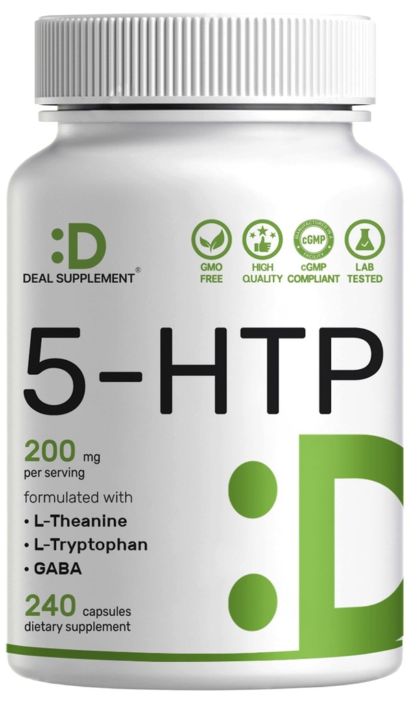 Supplement Deal Supplement 5- HTP 200mg Per Serving, 240 kapsułki, 98% African Derived Griffonia Seed Extract 124; 4 in 1 Formula Supplement 124; Plus Active L Theanine, L Tryptofan, & GABA Association Supplement