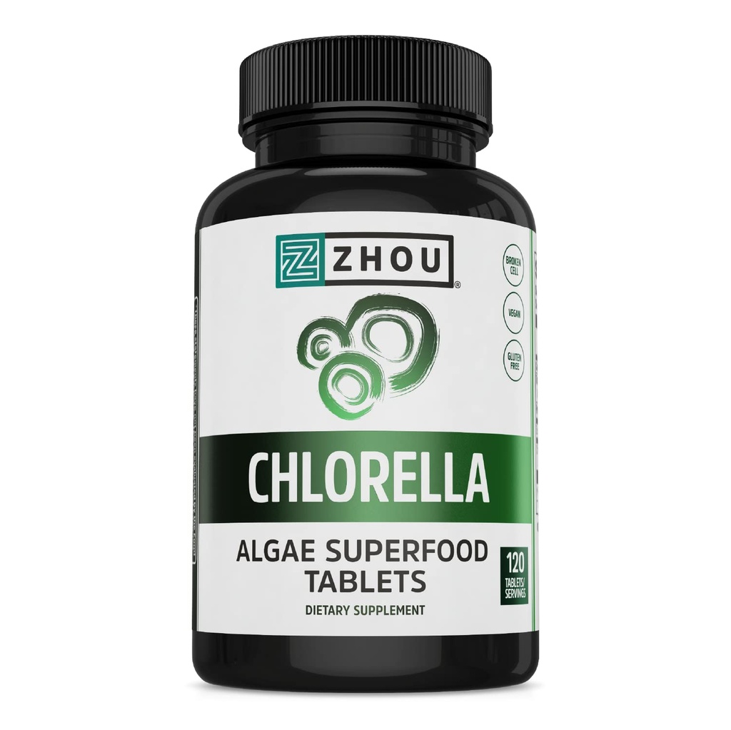 Zhou Chlorella Tablets - suplement Chlorella, Chlorophyll Vitamin, Pure Green Algae Superfood, Żywotny bogaty Super Pigułki spożywcze, Broken Cell Wall - 120 Wegan Tablets
