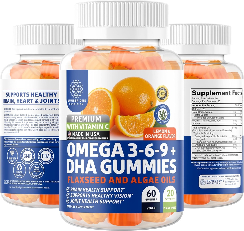 N1N Premium Omega 3 6 9 + Gummeje DHA [wegańskie, roślinne] Naturalny mózg, odporność i wspólne wsparcie zdrowotne z witaminą C, 60 Gummei