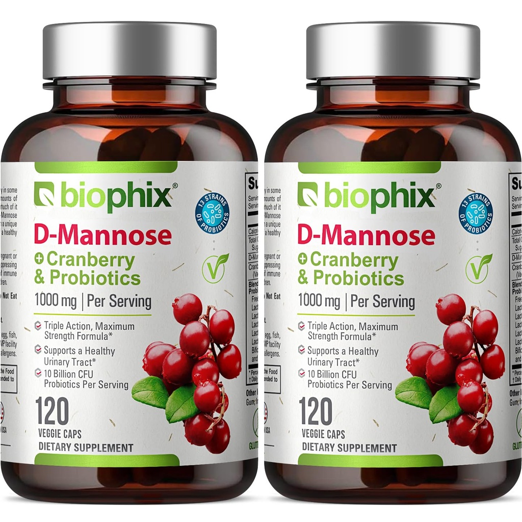 biophix D- Mannose 1000mg kapsułki z żurawinem i probiotykami - D Mannose Suplementy dla kobiet - D- Mannose Pigułki do Traktu moczowego & Bladder Health Support - Digestive Well- Being - 120 Vcaps 2 Pack